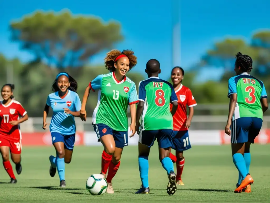 Un campo de fútbol soleado donde personas diversas juegan con uniformes rojos de concienciación sobre el VIH/SIDA