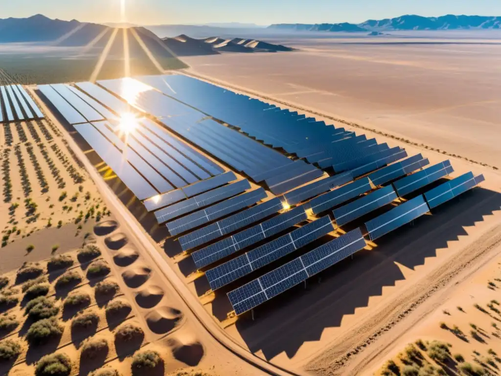 Un campo de paneles solares en el desierto con ingenieros y ambientalistas analizando datos