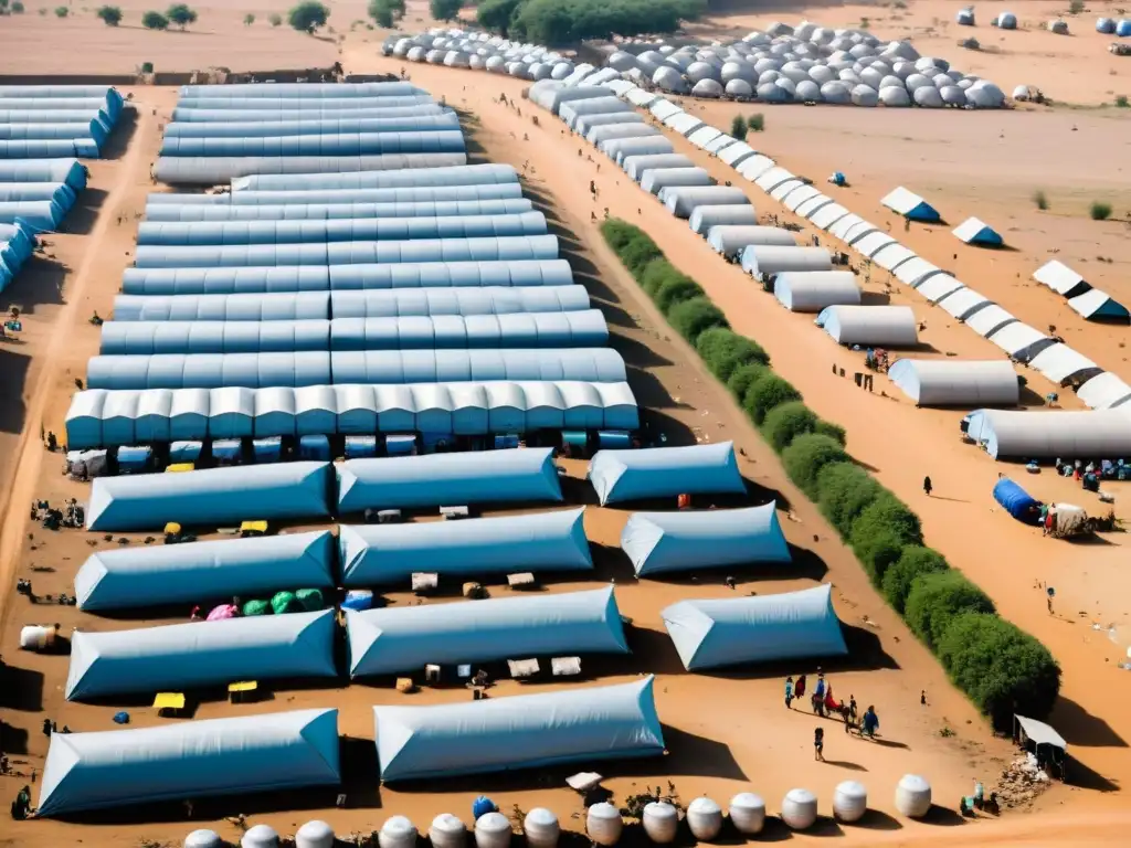 Un campo de refugiados extenso, con chozas precarias en un terreno árido, reflejando el impacto de las guerras en la pobreza