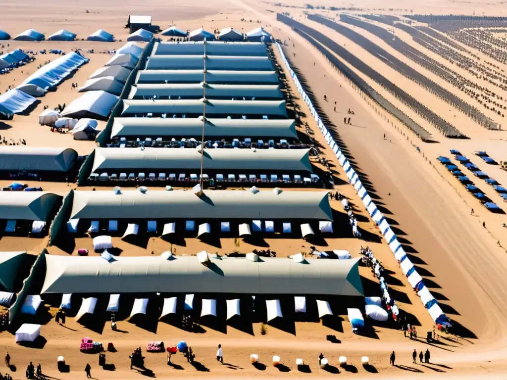 Un campo de refugiados extenso se extiende en un paisaje árido y polvoriento, rodeado de alambradas y vigilado por personal uniformado