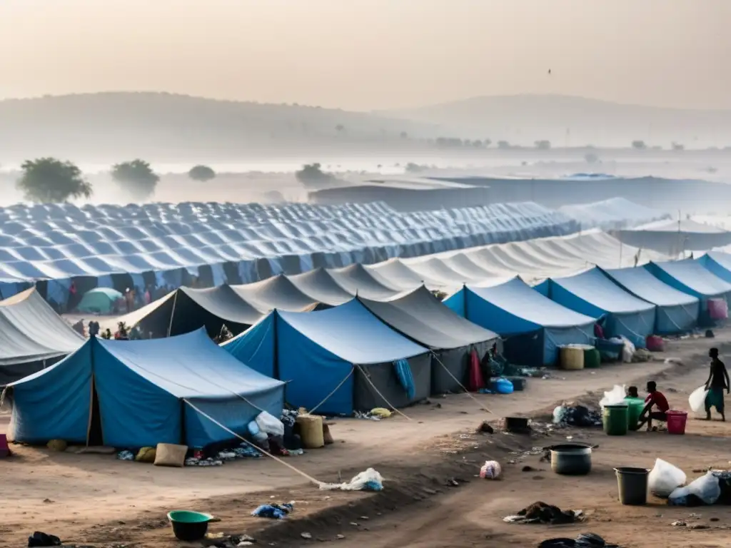 Un campo de refugiados con tiendas improvisadas se extiende por un paisaje árido, rodeado de desechos plásticos