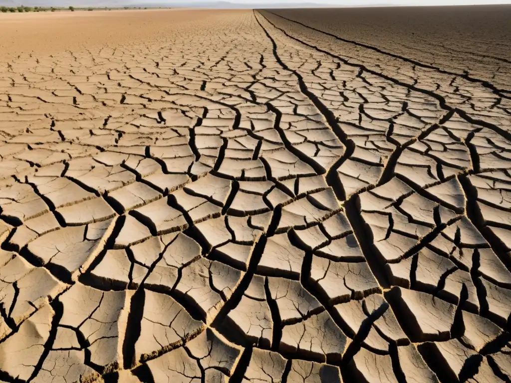 Un campo reseco y árido, con suelo agrietado y cultivos marchitos, refleja el impacto del cambio climático en la agricultura de subsistencia