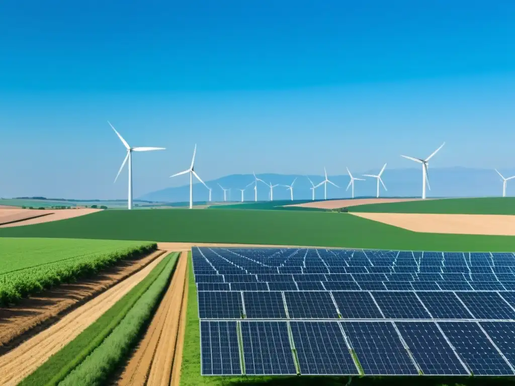 Un campo agrícola verde se extiende hacia el horizonte bajo un cielo azul