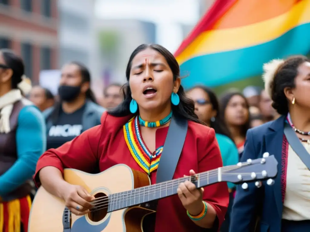 Un cantautor indígena enérgico canta y toca la guitarra rodeado de activistas en una protesta por los derechos humanos