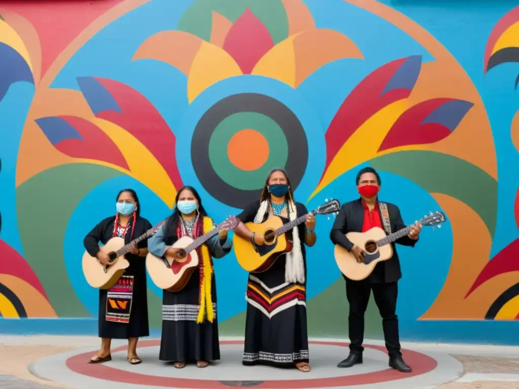 Cantautores indígenas cantan frente a mural de resistencia y orgullo cultural, abogando por derechos humanos