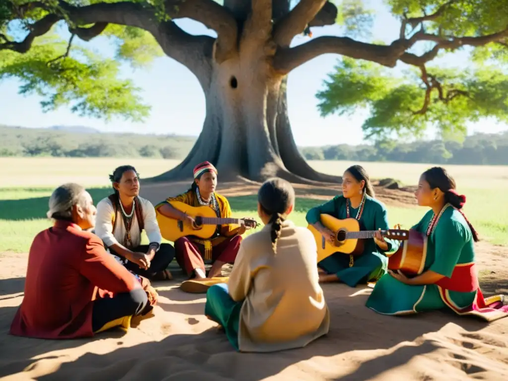 Cantautores indígenas preparándose para compartir su música y mensaje de derechos humanos bajo un árbol frondoso, irradiando esperanza y resiliencia