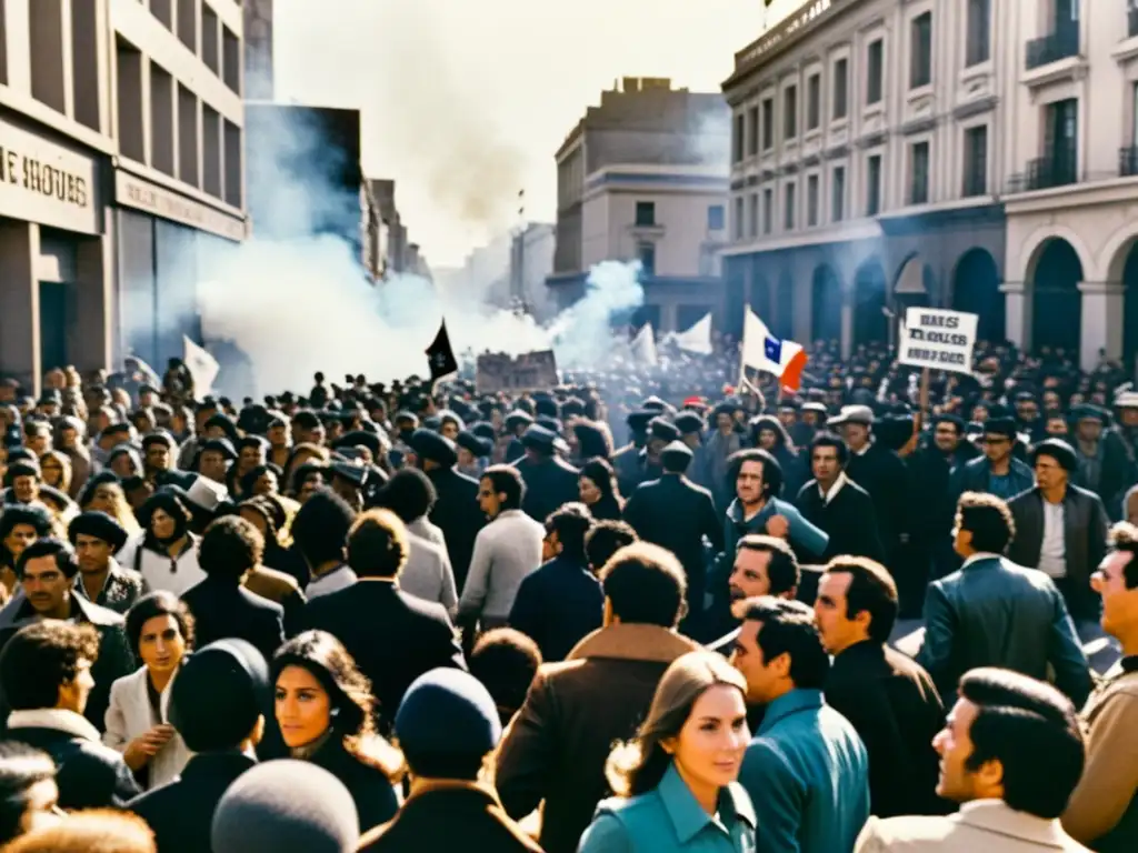 Manifestación caótica en Chile durante el Golpe de Estado de 1973, reflejando la lucha por la libertad