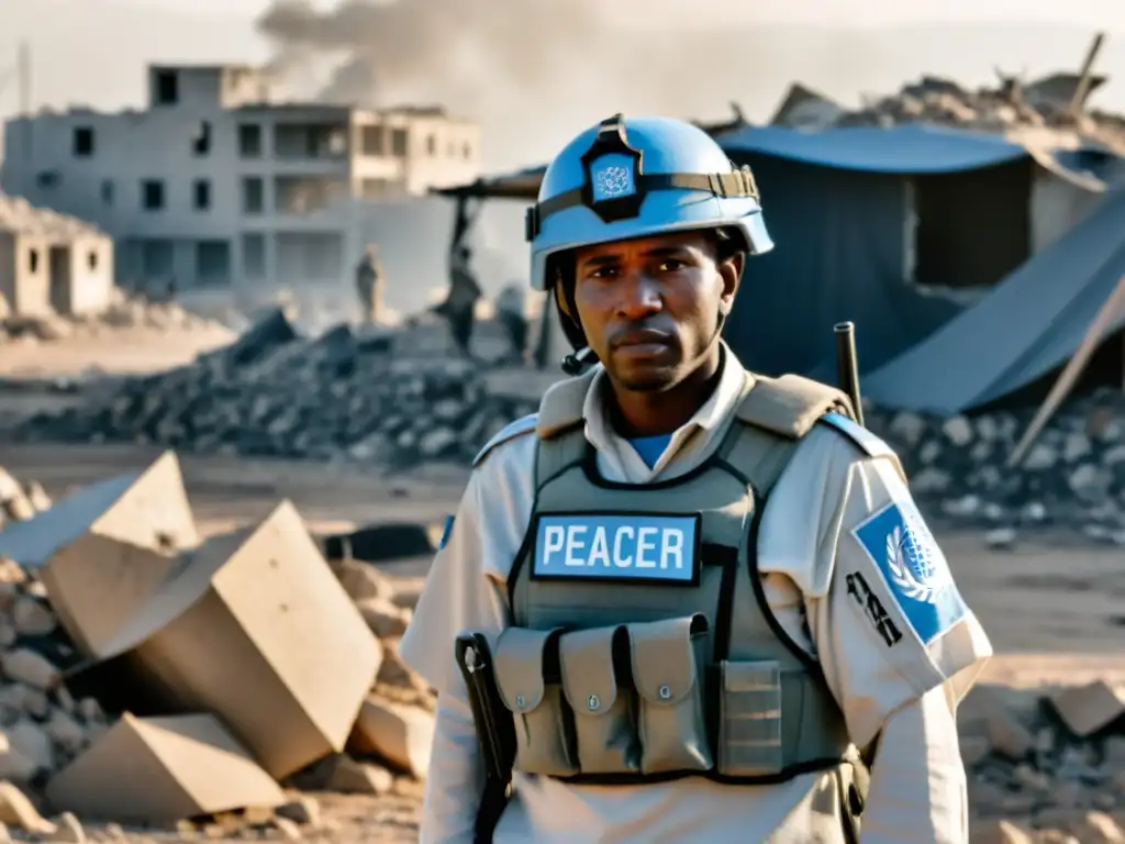 Un casco azul de la ONU, con rostro cansado pero decidido, vigila una región devastada por la guerra