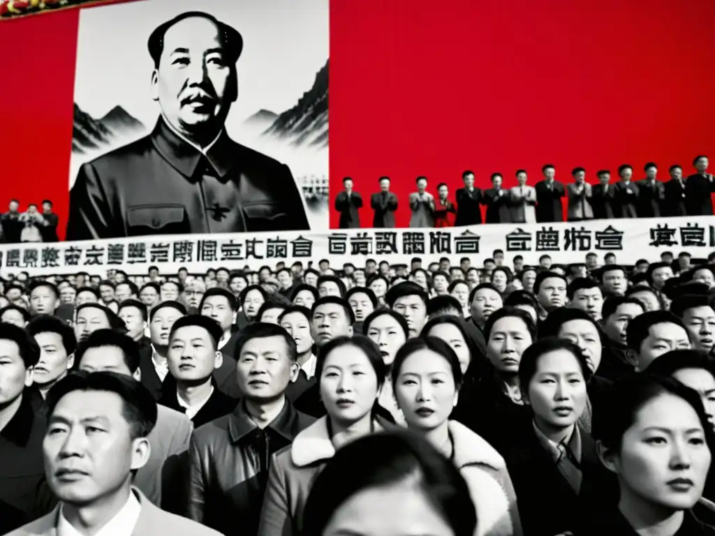 Manifestación valiente contra la censura en la China de Mao: ciudadanos desafiantes frente a un póster rojo de propaganda