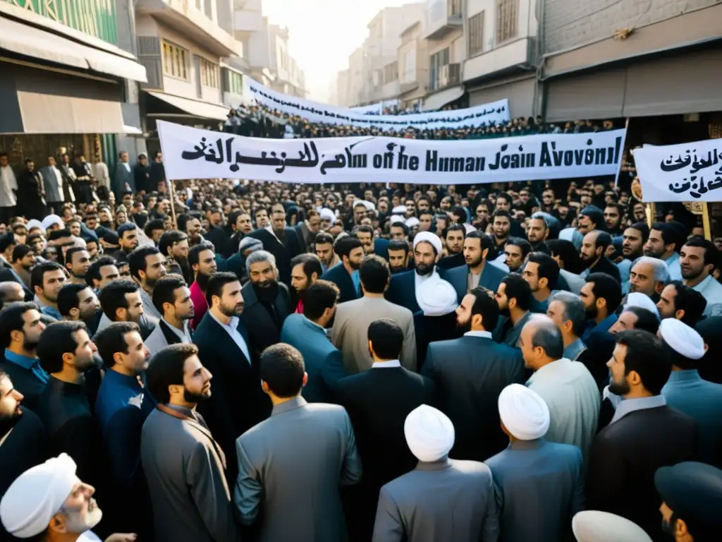 Manifestación en Irán contra la censura y por los derechos humanos, con gente sosteniendo pancartas en una concurrida calle en blanco y negro