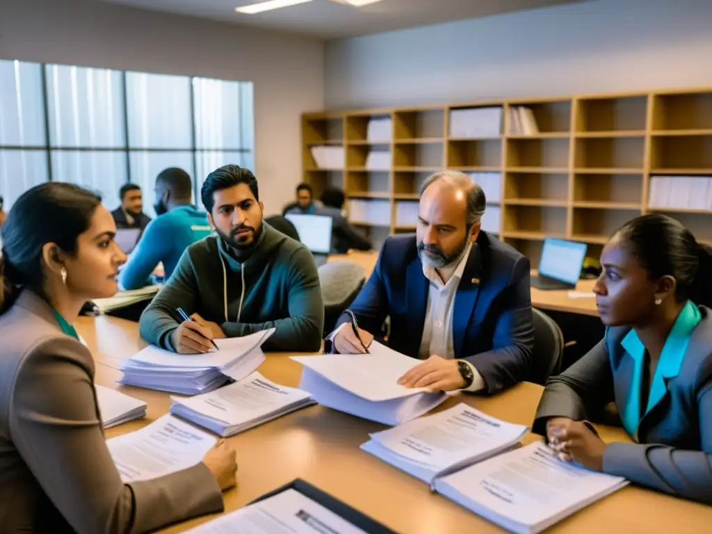 Un centro de ayuda legal bullicioso con voluntarios y abogados asistiendo a refugiados con trámites y documentos legales