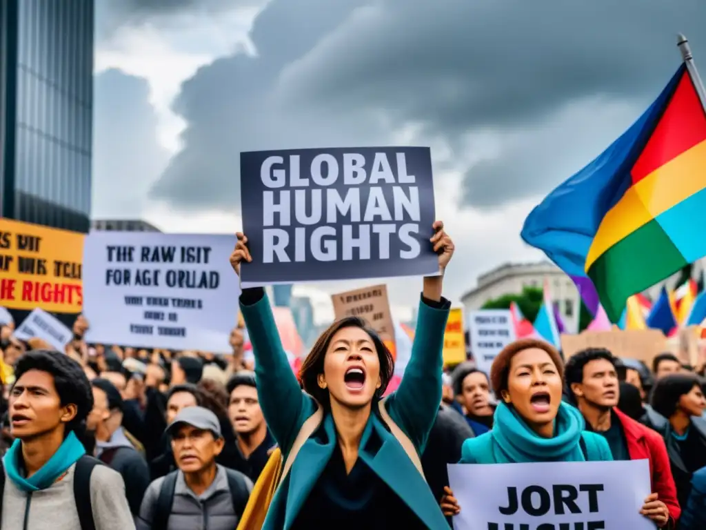 Manifestación en el centro de la ciudad con pancartas de derechos humanos globales, capturando la energía y emoción de los manifestantes de todas las edades y orígenes