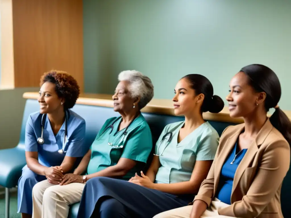 Un centro de salud moderno y acogedor donde mujeres diversas reciben atención médica profesional y respetuosa