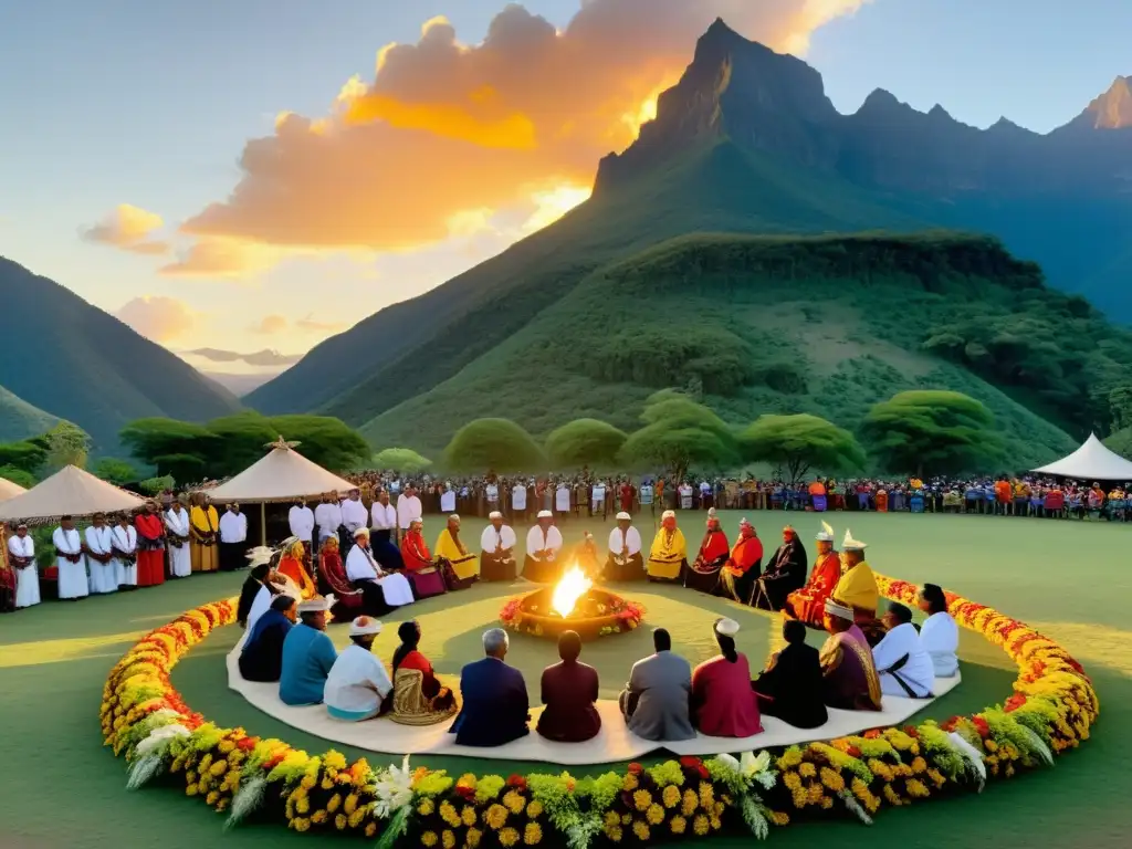 Una ceremonia indígena en la montaña, con atuendos ceremoniales vibrantes y danzas tradicionales al atardecer