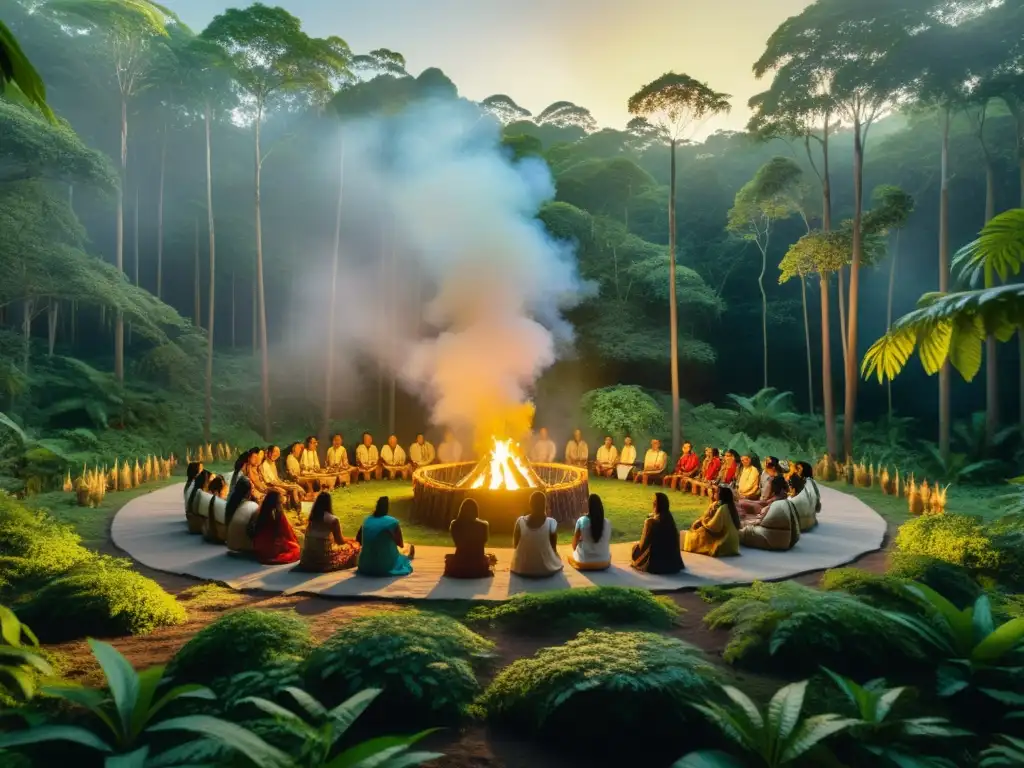 Una ceremonia indígena en la selva, con individuos adornados en vestimenta vibrante, iluminados por la suave luz dorada