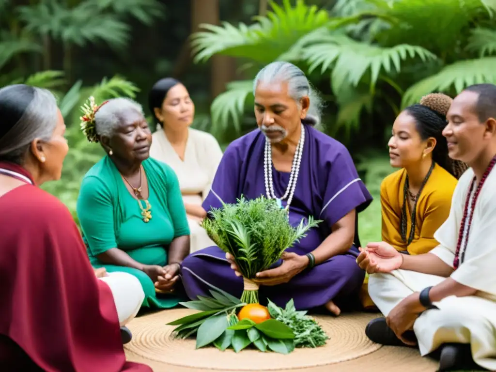 Una ceremonia de sanación tradicional con participantes de diversas culturas y vestimentas vibrantes, en medio de la naturaleza