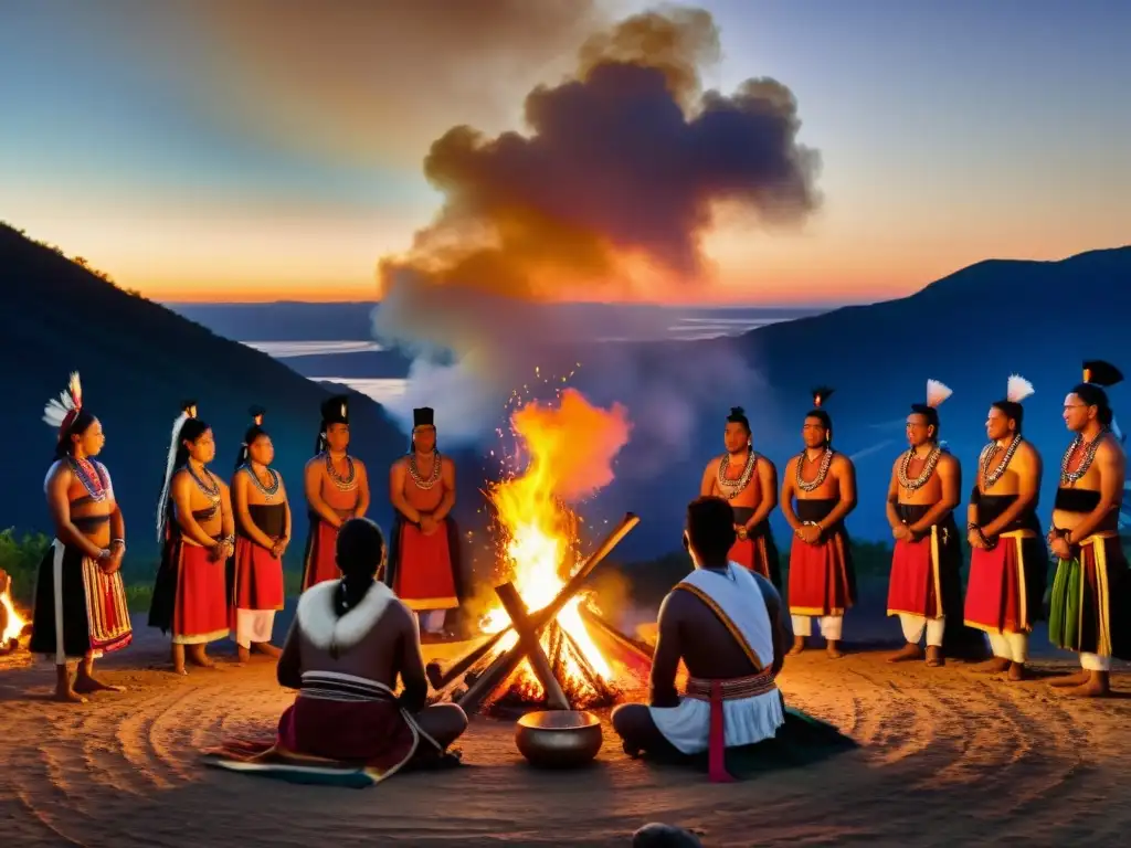 Un ceremonial cultural al atardecer con vestimenta vibrante, fogata y dualidad de tradición y modernidad en los derechos humanos