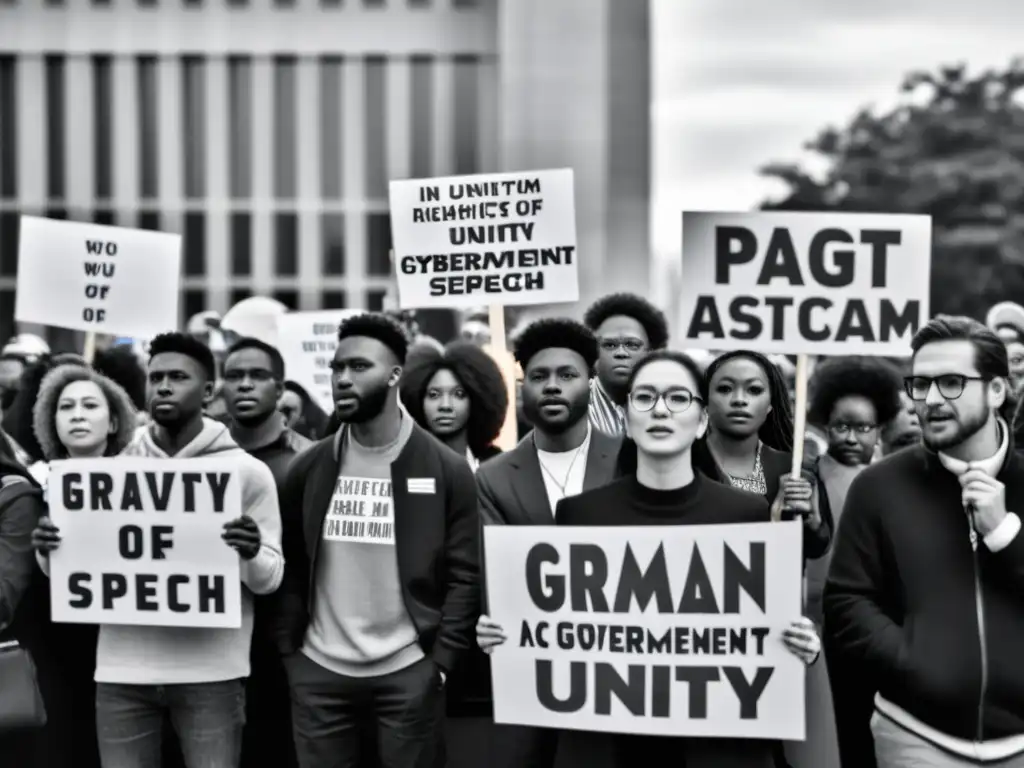 Ciberactivistas y manifestantes unidos frente a edificio gubernamental, luchando por derechos humanos y contra la represión