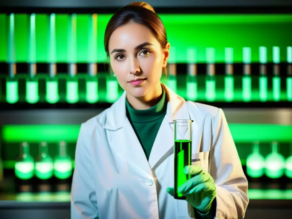 Un científico en bata de laboratorio sostiene un tubo de ensayo con líquido verde brillante, rodeado de equipo científico y gráficos