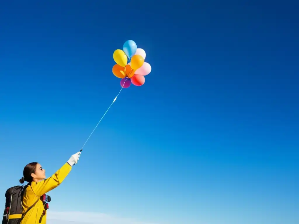 Un científico suelta globos con equipo de monitoreo de ozono, destacando los colores vibrantes en el cielo azul