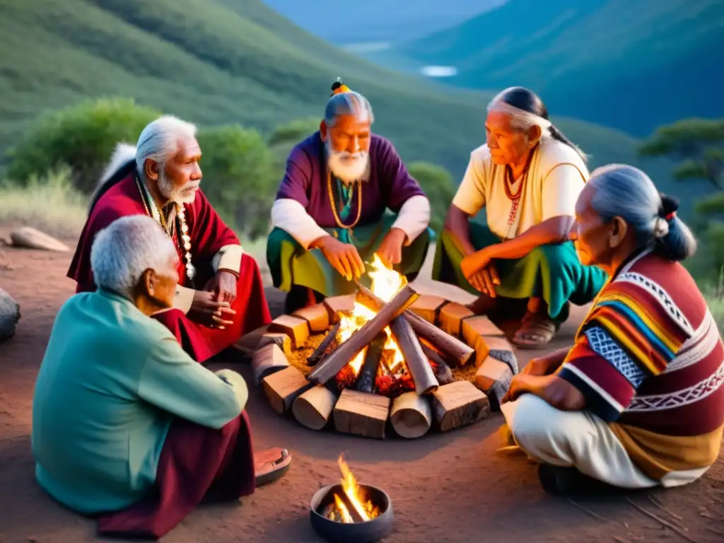 Un círculo de ancianos indígenas alrededor del fuego, con atuendos tradicionales, transmitiendo sabiduría ancestral