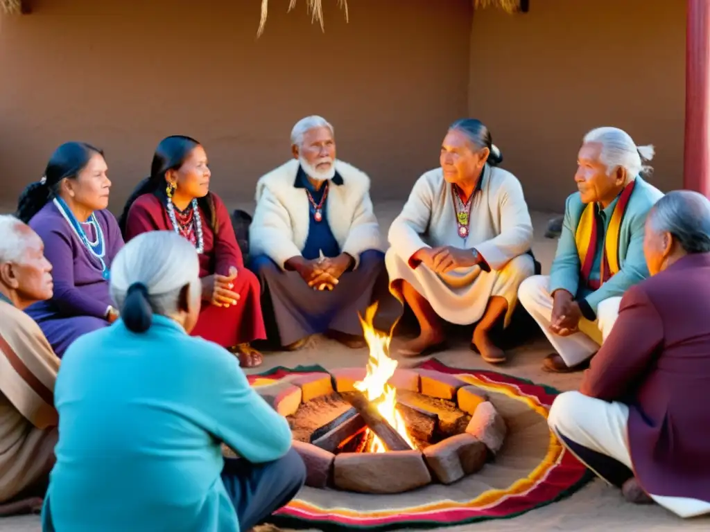 Un círculo de ancianos y miembros de la comunidad indígena rodea el fuego, iluminando sus rostros