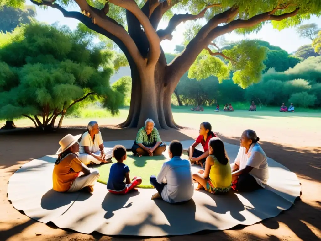 Un círculo de ancianos y niños indígenas bajo un árbol, escuchando cuentos