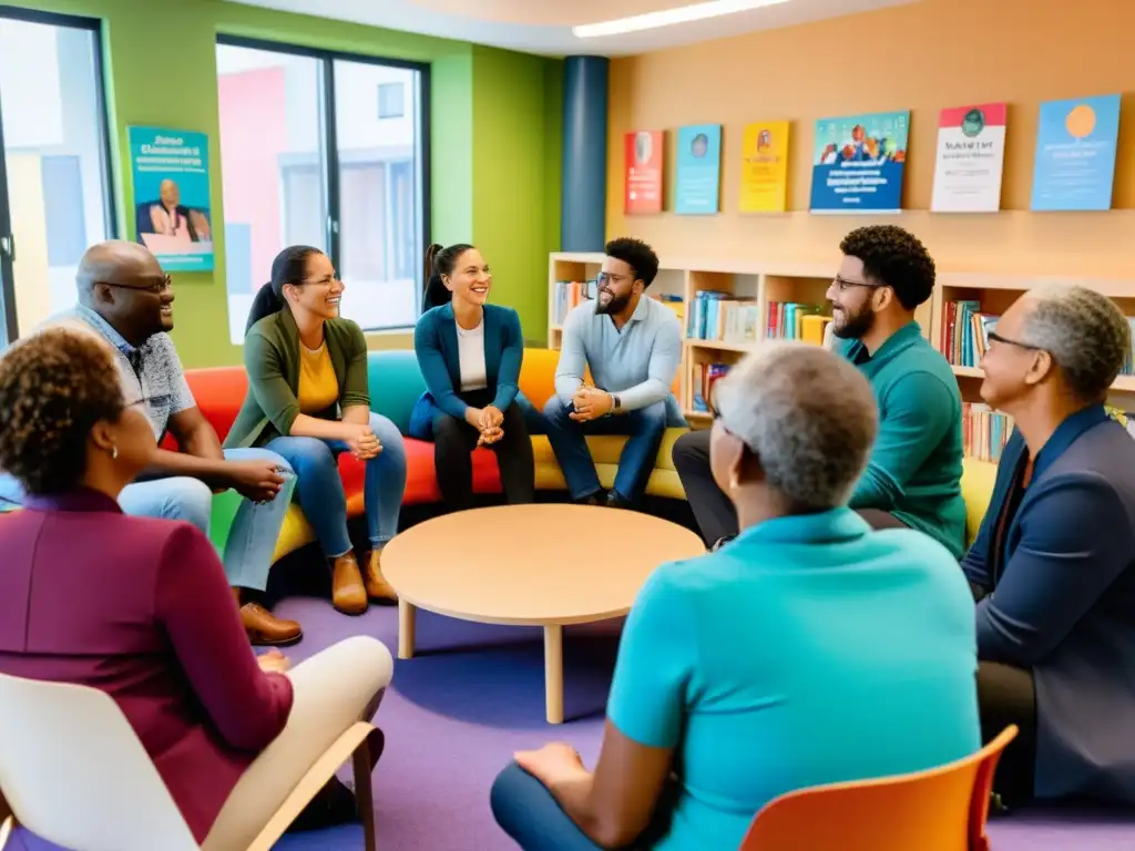 Un círculo animado de diversidad cultural y edades, discutiendo apasionadamente sobre derechos humanos y educación en un acogedor centro comunitario