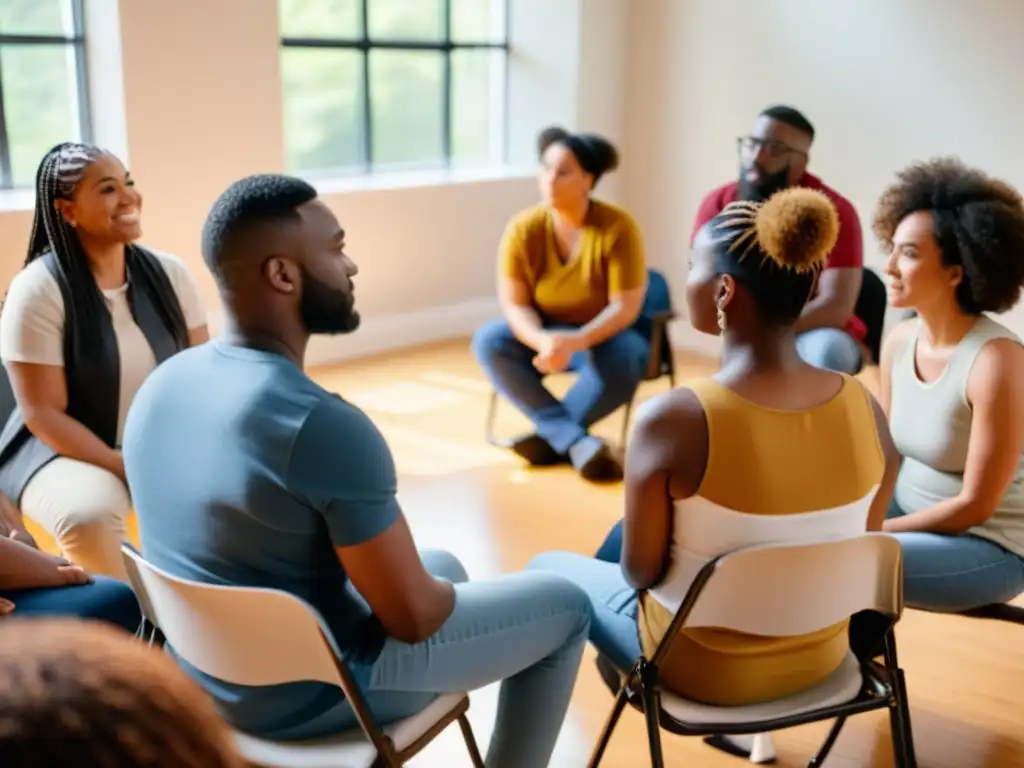 Un círculo de apoyo con diversidad de personas discutiendo sobre salud mental y el impacto de género, en un ambiente cálido lleno de luz natural