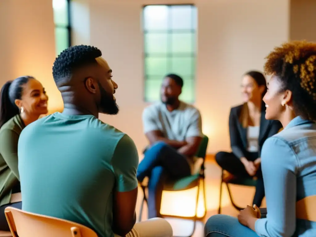 Un círculo de apoyo con diversidad de personas hablando sobre salud mental, reflejando la interseccionalidad en el apoyo