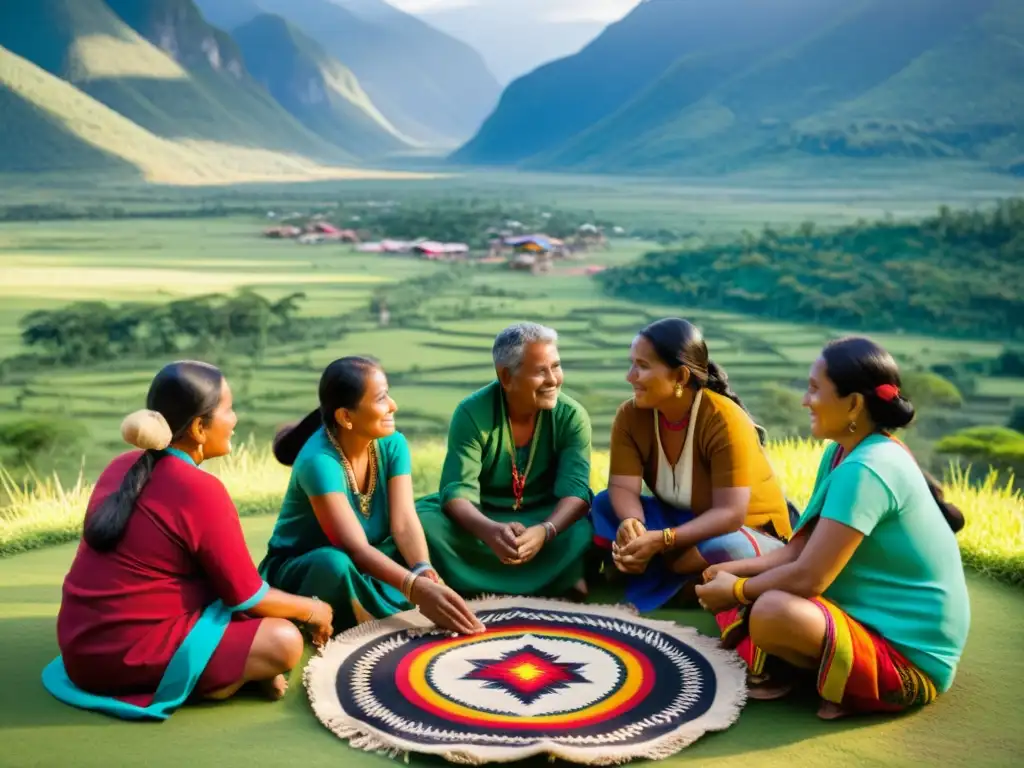 Un círculo de artesanos indígenas tejiendo textiles coloridos, bajo el sol, rodeados de naturaleza