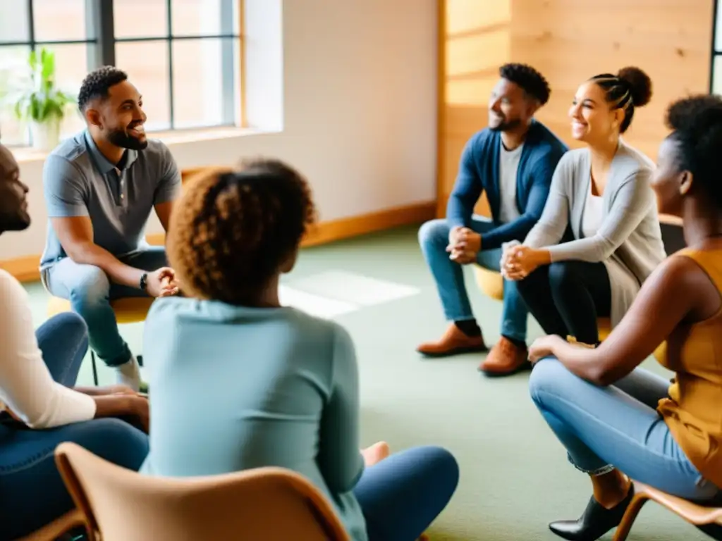 Un círculo de diversidad y apoyo en una sesión terapéutica, reflejando la importancia de las políticas de salud mental derechos humanos