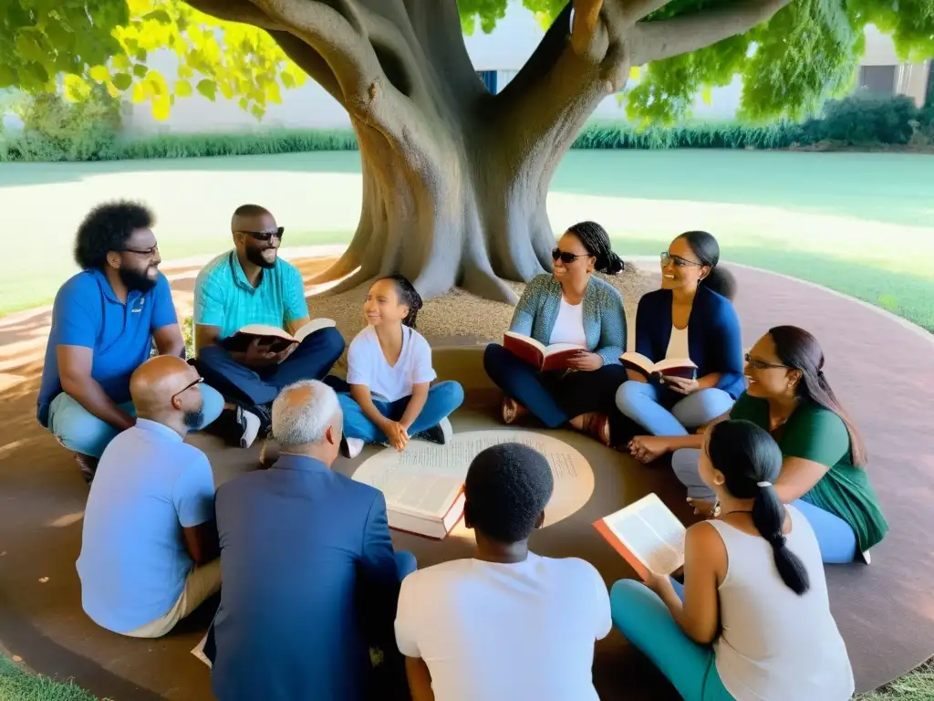 Un círculo de diversidad, compartiendo conocimiento bajo un árbol