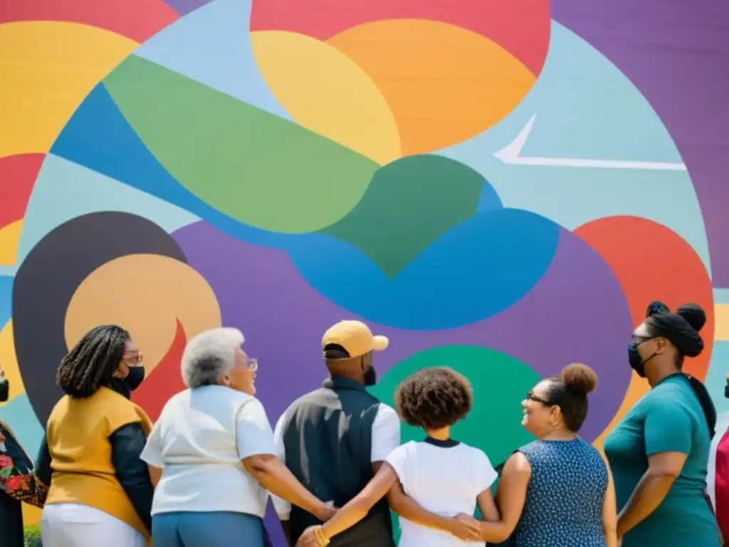 Un círculo de diversidad frente a un mural vibrante que representa la promoción de ciudadanía consciente y derechos humanos