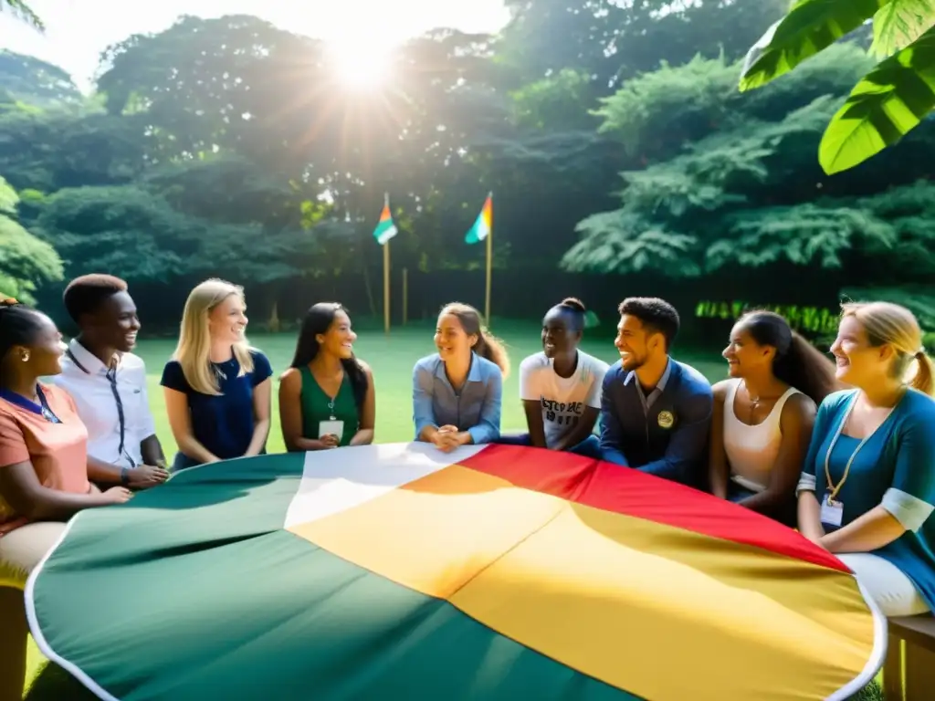 Un círculo de estudiantes diversos discute apasionadamente sobre educación ambiental y derechos humanos en un aula al aire libre, con banderas internacionales al fondo