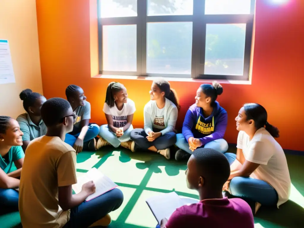 Un círculo de estudiantes diversos discute animadamente sobre derechos humanos