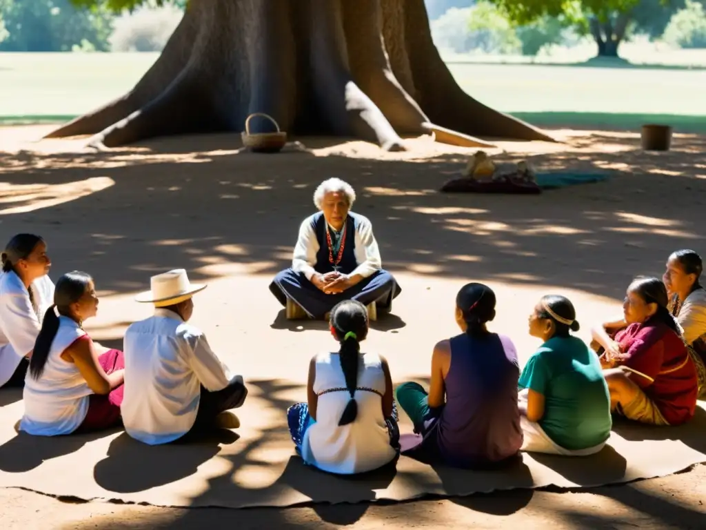 Un círculo de indígenas en tradicionales atuendos bajo un árbol, compartiendo sabiduría y preservando su cultura