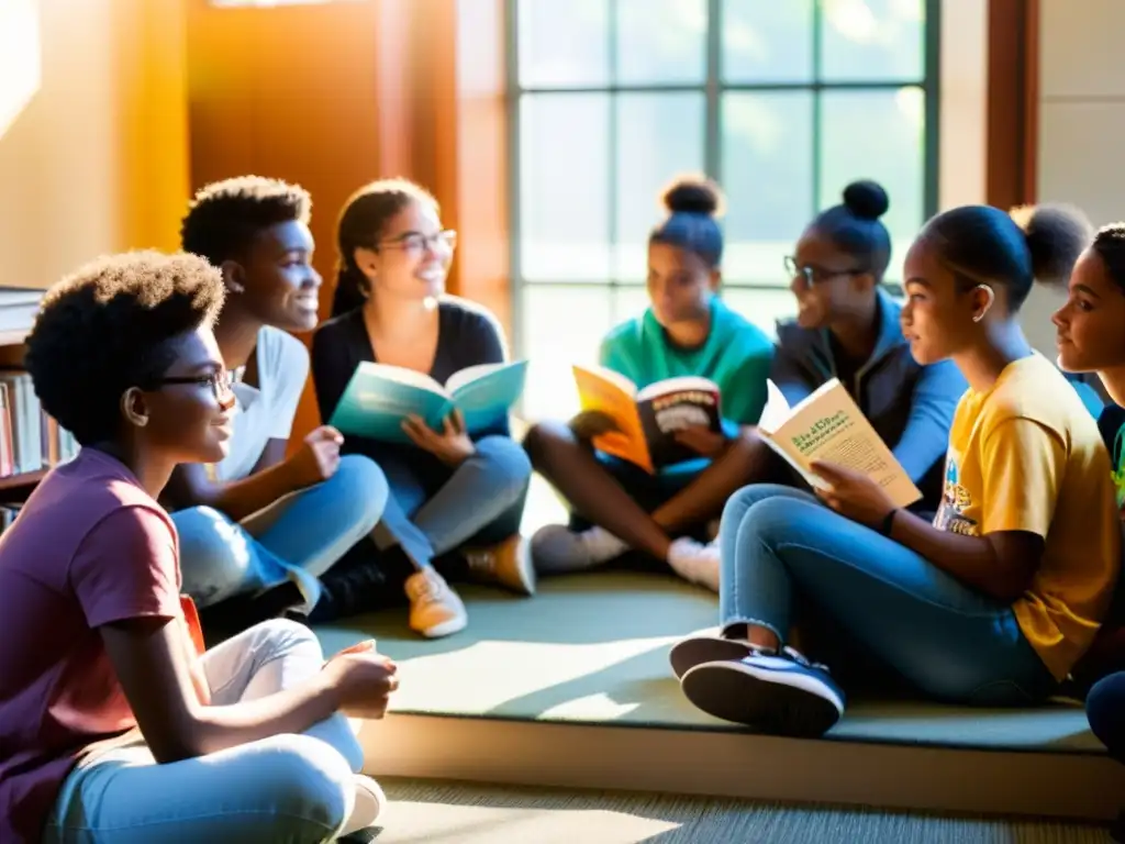 Un círculo de jóvenes en la biblioteca, cada uno leyendo un libro diferente sobre la libertad de expresión en literatura juvenil, discutiendo apasionadamente