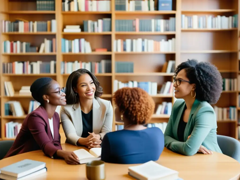 Un círculo de lectura feminista con mujeres diversas debatiendo libros esenciales de activismo de género, iluminadas por la cálida luz natural