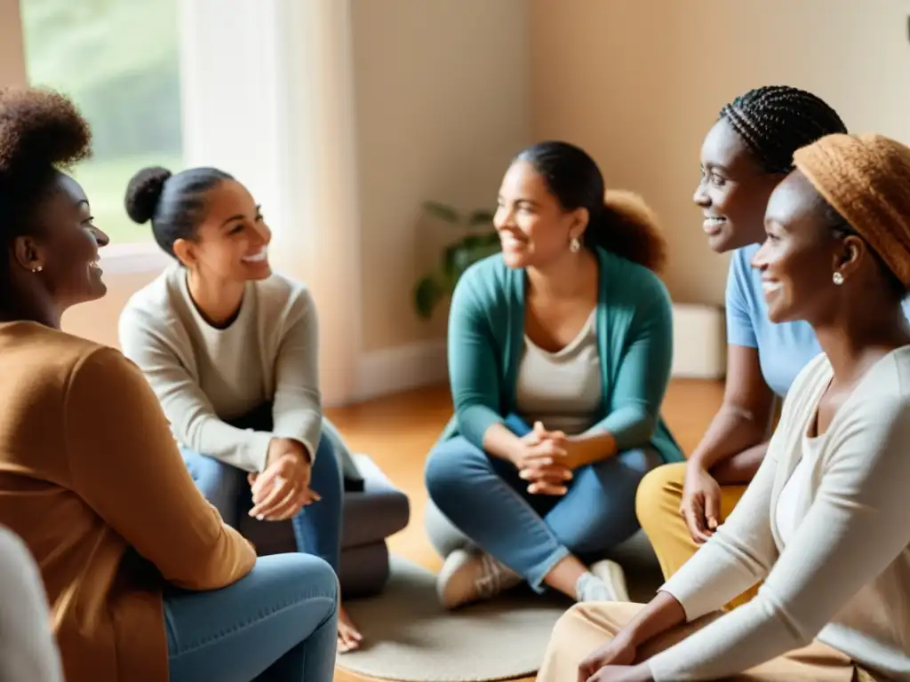 Un círculo de mujeres diversas comparten experiencias y apoyo, reflejando fuerza y solidaridad