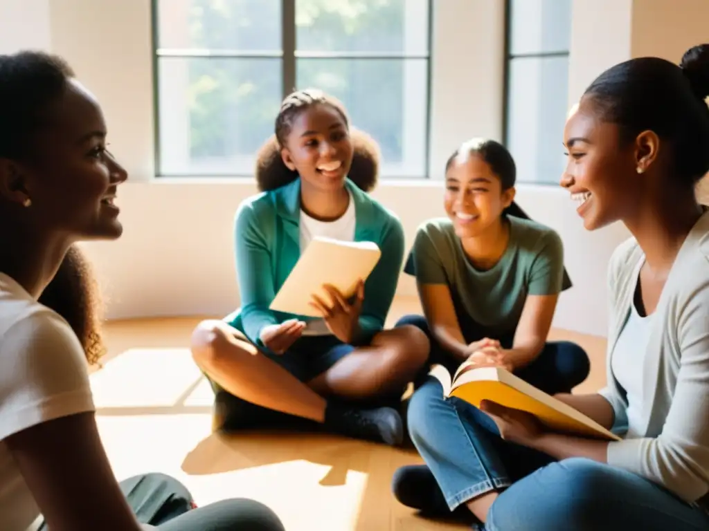 Un círculo de mujeres diversas discute animadamente con libros y cuadernos