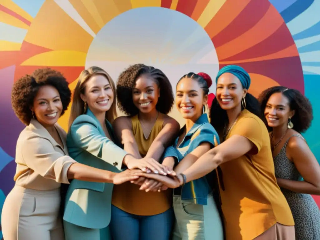 Un círculo de mujeres diversas se sostiene de las manos frente a un mural colorido que representa la solidaridad y el empoderamiento