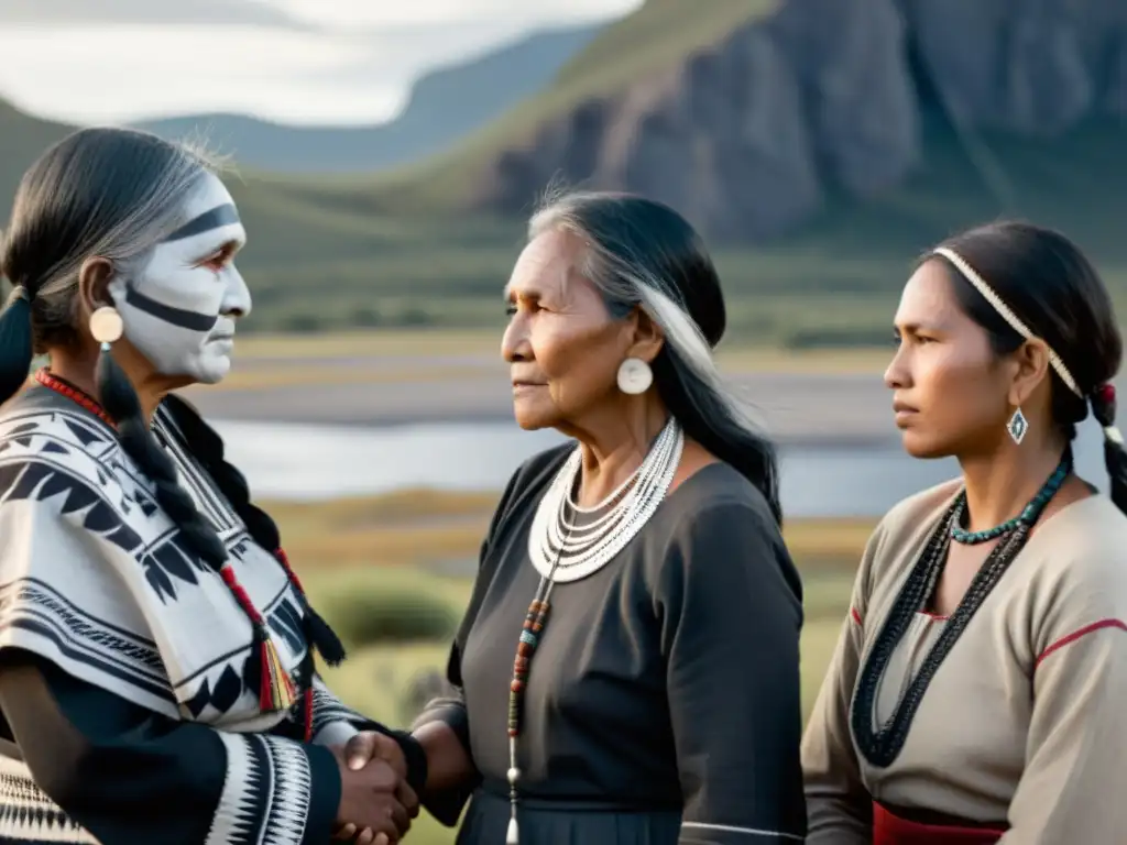 Un círculo de mujeres indígenas unidas, vistiendo trajes tradicionales, expresando fortaleza y resiliencia