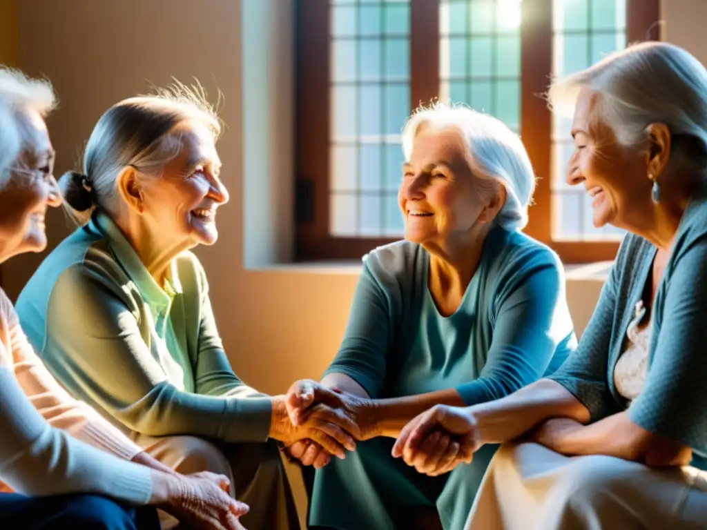 Un círculo de mujeres mayores sosteniéndose las manos en solidaridad, mostrando determinación y compasión