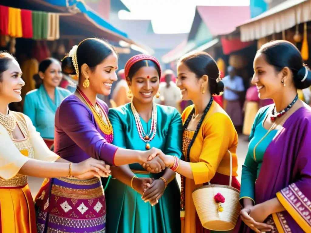 Un círculo de mujeres con trajes tradicionales danzando en un mercado vibrante