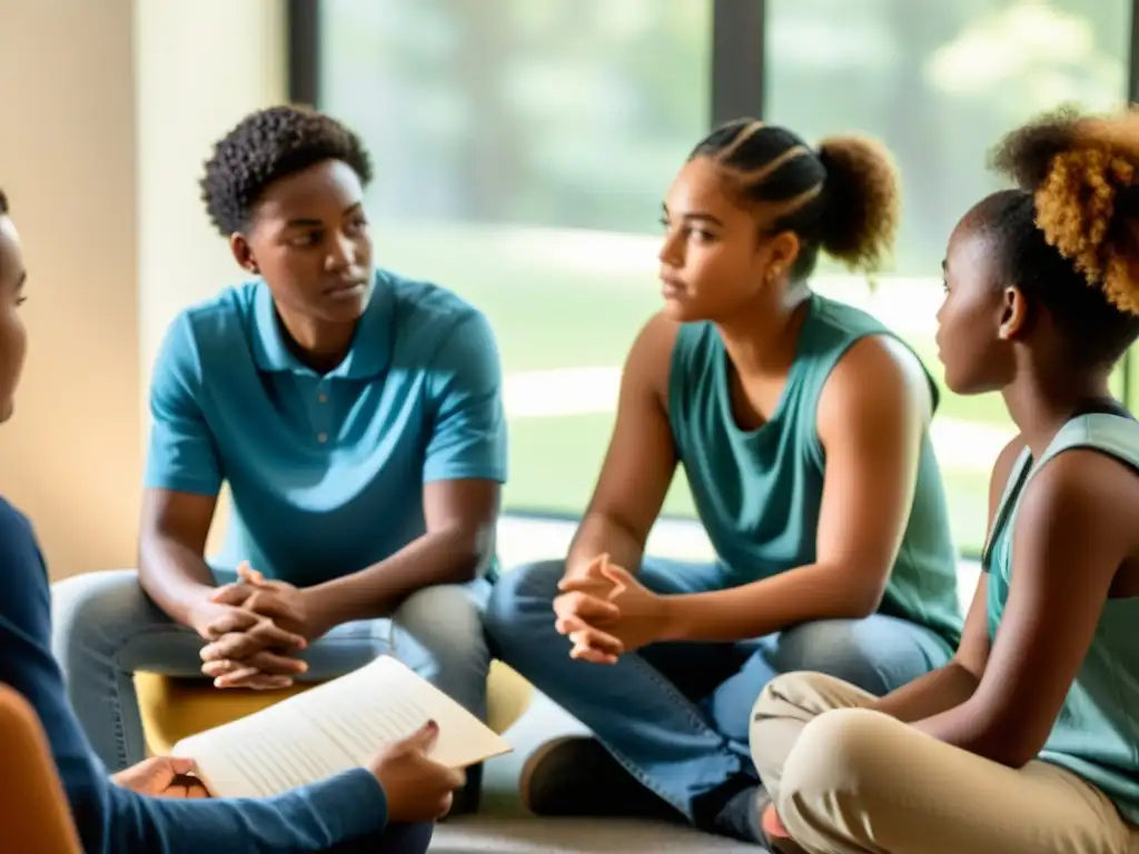 Un círculo de niños y adolescentes diversos participando en una sesión de terapia, garantizando derechos de salud mental