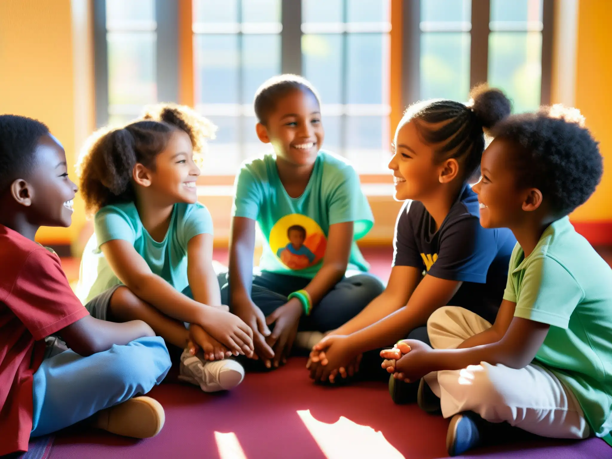 Un círculo de niños de diferentes culturas comparten historias en un centro comunitario, reflejando un ambiente de apoyo y diversidad