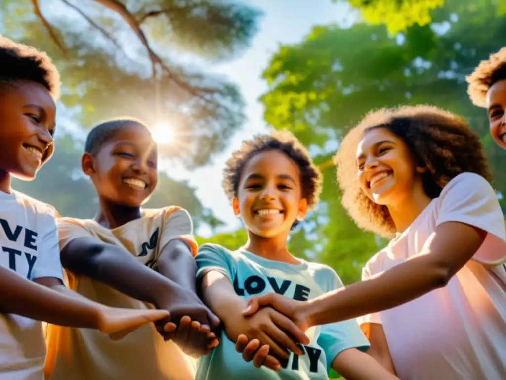 Un círculo de niños diversos se toman de las manos con alegría, vistiendo camisetas con mensajes de amor y equidad