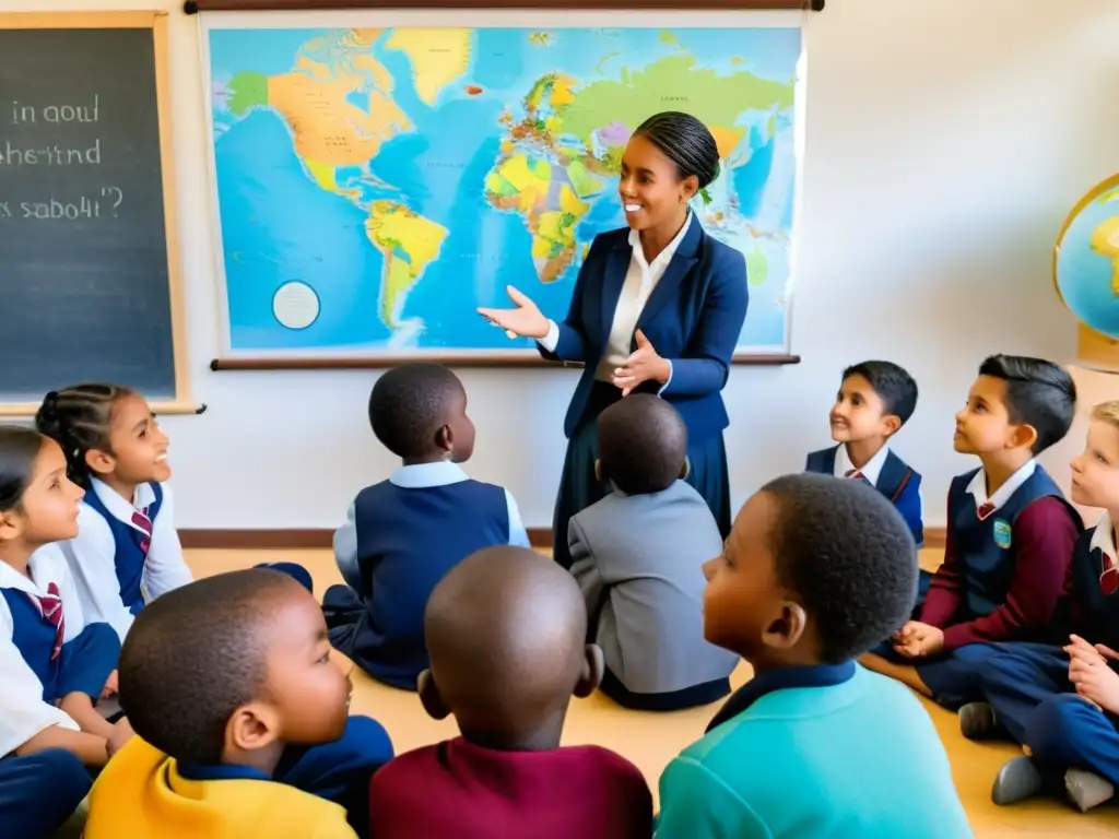 Un círculo de niños diversos escucha atentamente a su maestra mientras les lee un libro sobre la experiencia de los refugiados