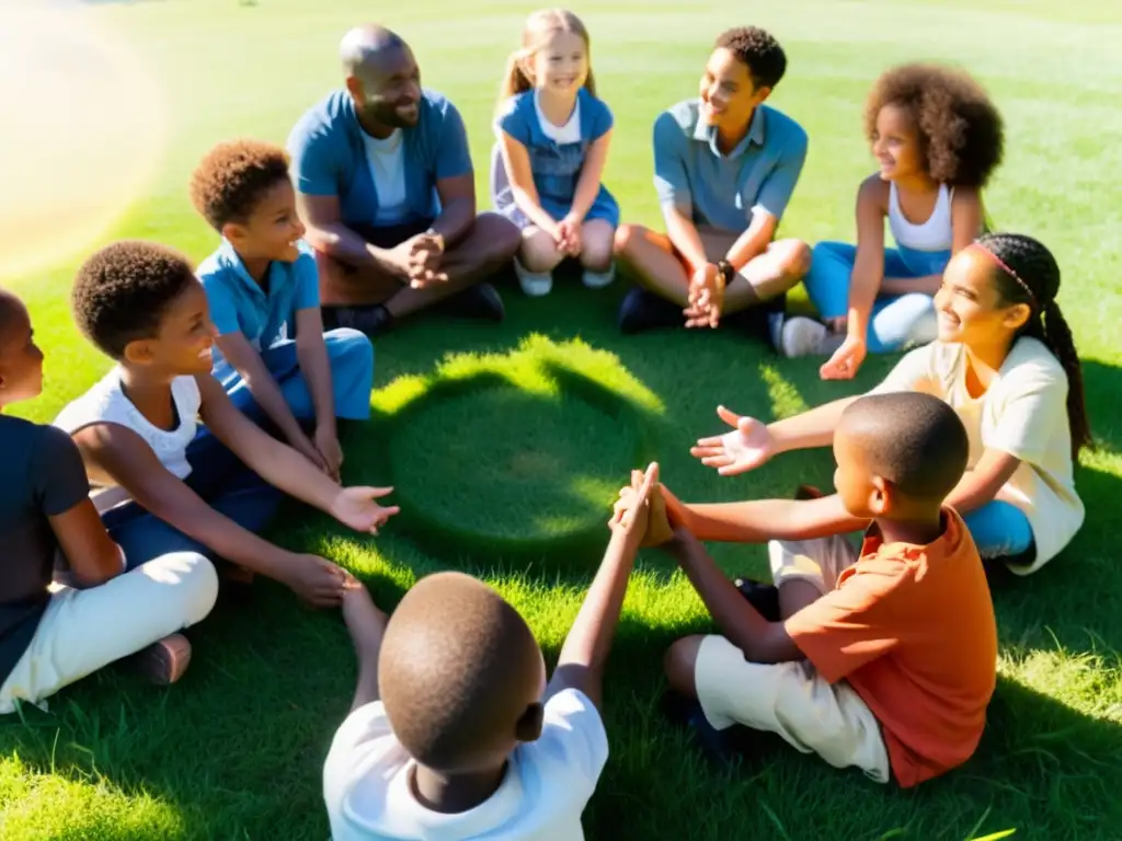 Un círculo de niños de diferentes orígenes étnicos habla con un mentor bajo la luz del sol